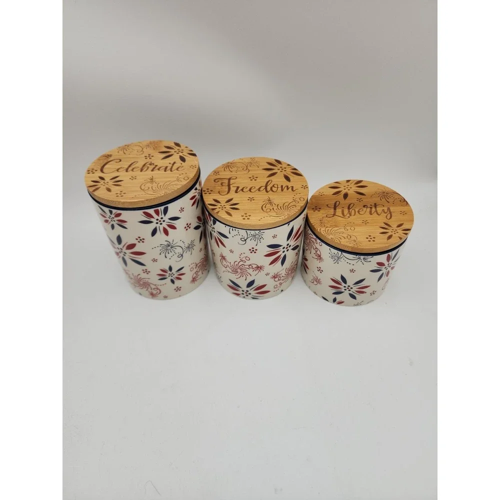 Temptations By Tara Set Of 3 Patriotic Cannisters W/Bamboo Lids